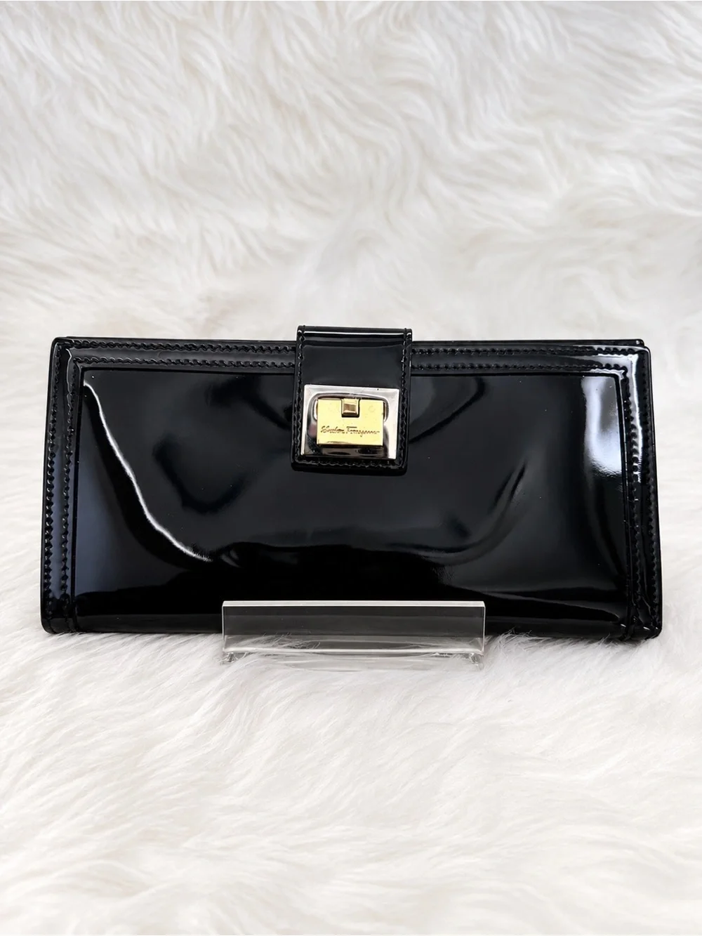 Salvatore Ferragamo Black Patent Leather Snap Wallet with Gold Plaque